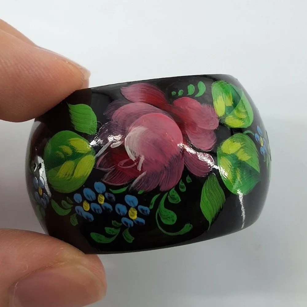 Vintage Russian Hand Painted Lacquer Wood Napkin Rings Set of 12